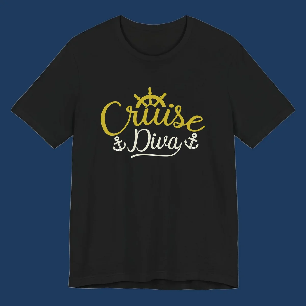 Cruise Diva nautical design with yellow script lettering, ship's wheel, and anchor symbols on gray background