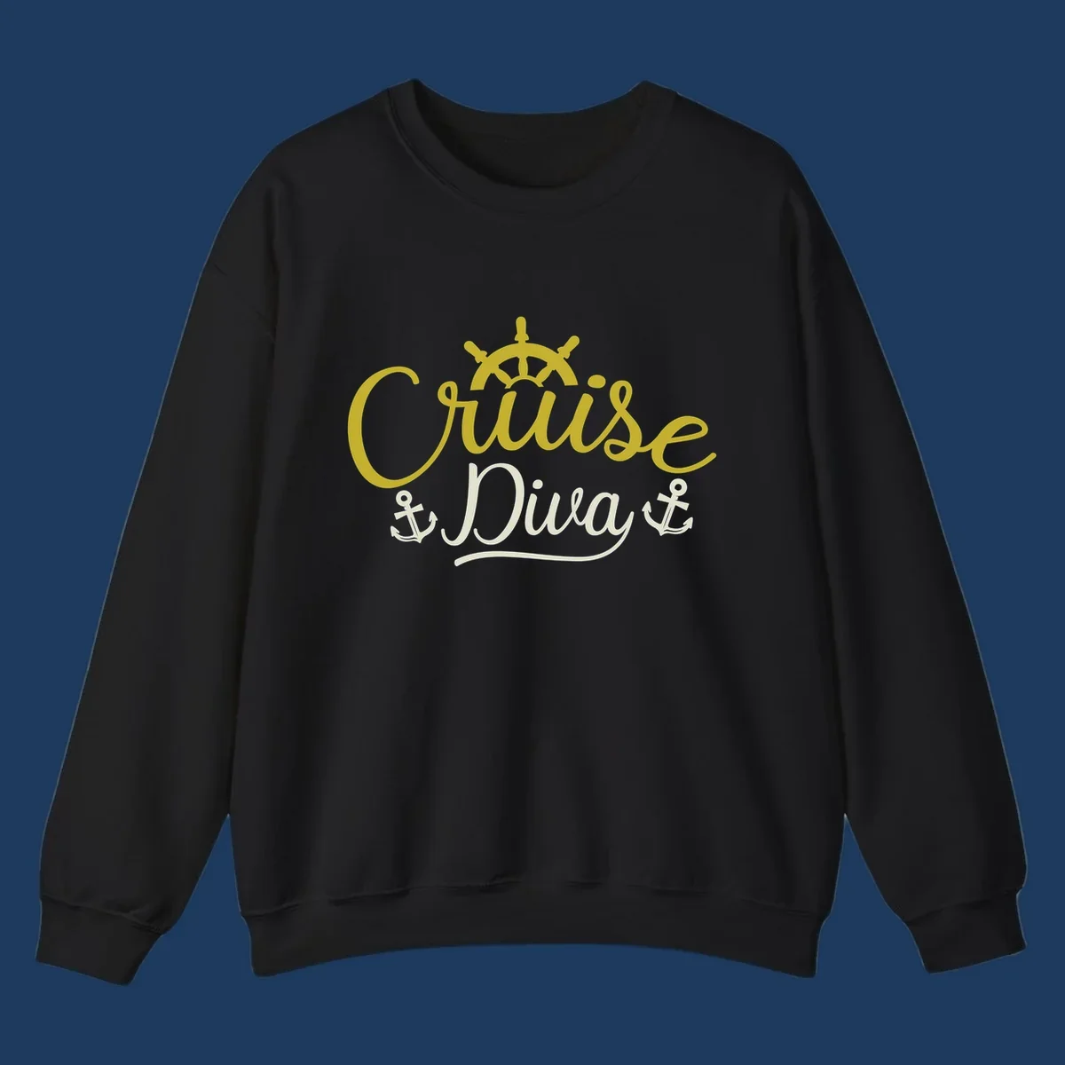 Cruise Diva nautical design with yellow script lettering, ship's wheel, and anchor symbols on gray background