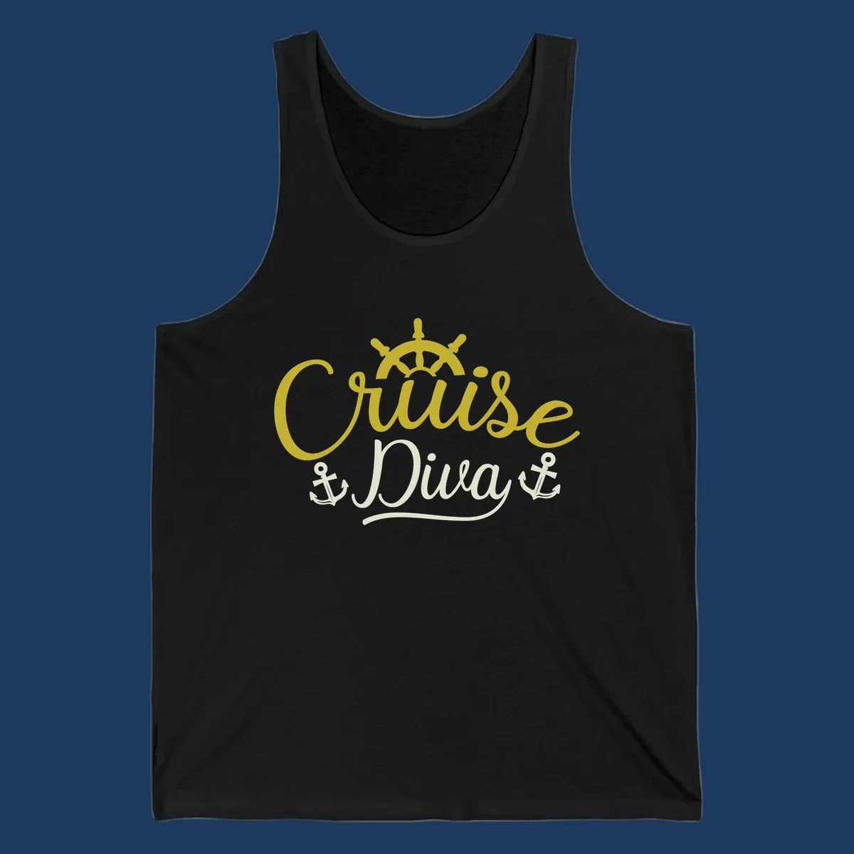 Cruise Diva nautical design with yellow script lettering, ship's wheel, and anchor symbols on gray background