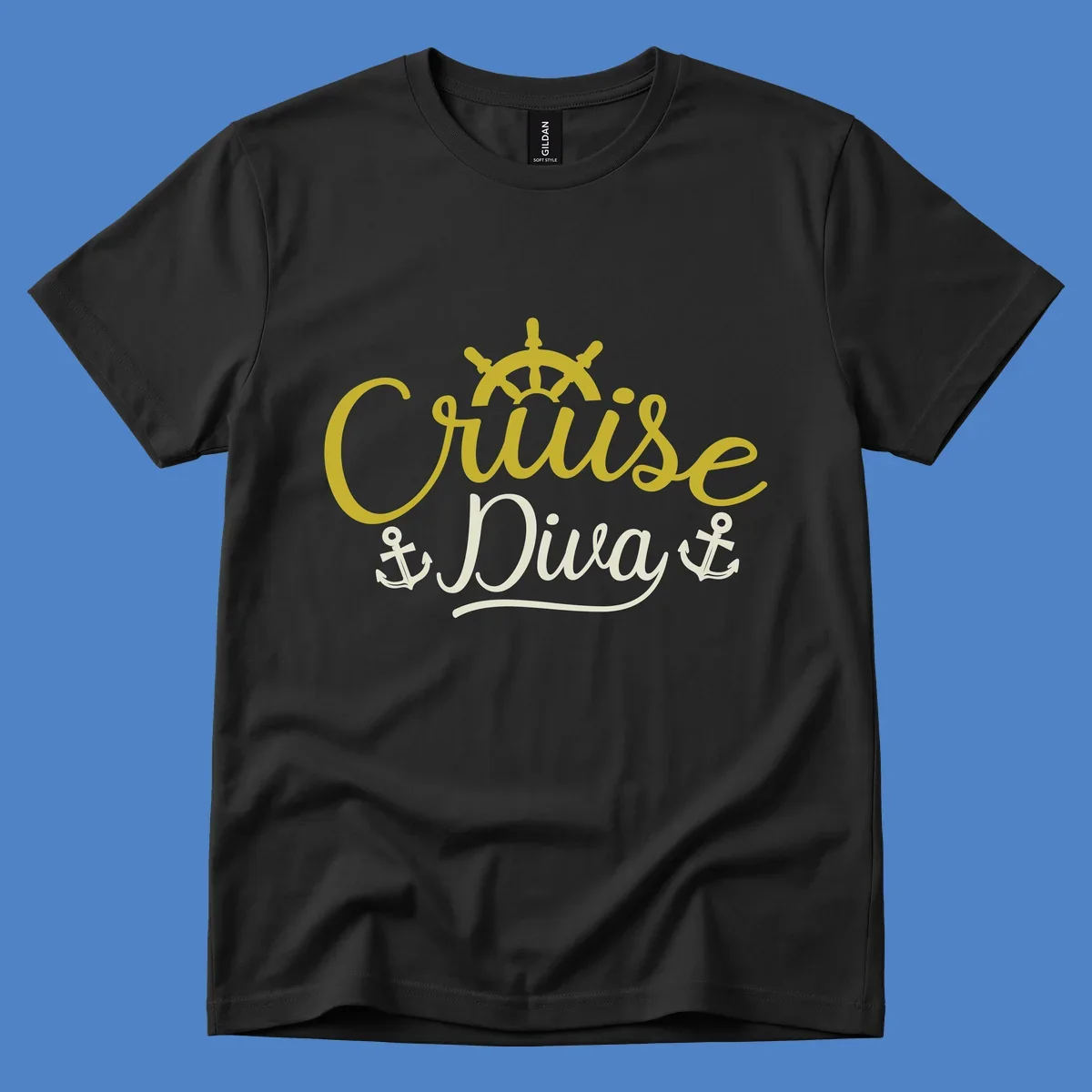 Cruise Diva nautical design with yellow script lettering, ship's wheel, and anchor symbols on gray background