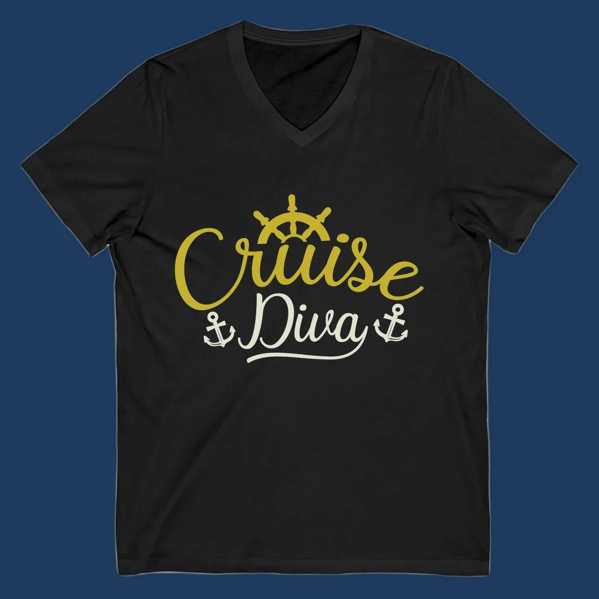 Cruise Diva nautical design with yellow script lettering, ship's wheel, and anchor symbols on gray background