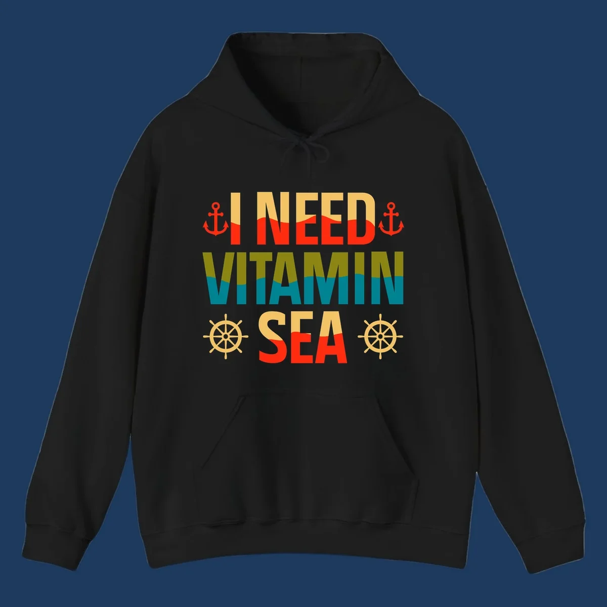Colorful nautical design with anchors, ship wheels, and text reading 'I NEED VITAMIN SEA' for cruise lovers