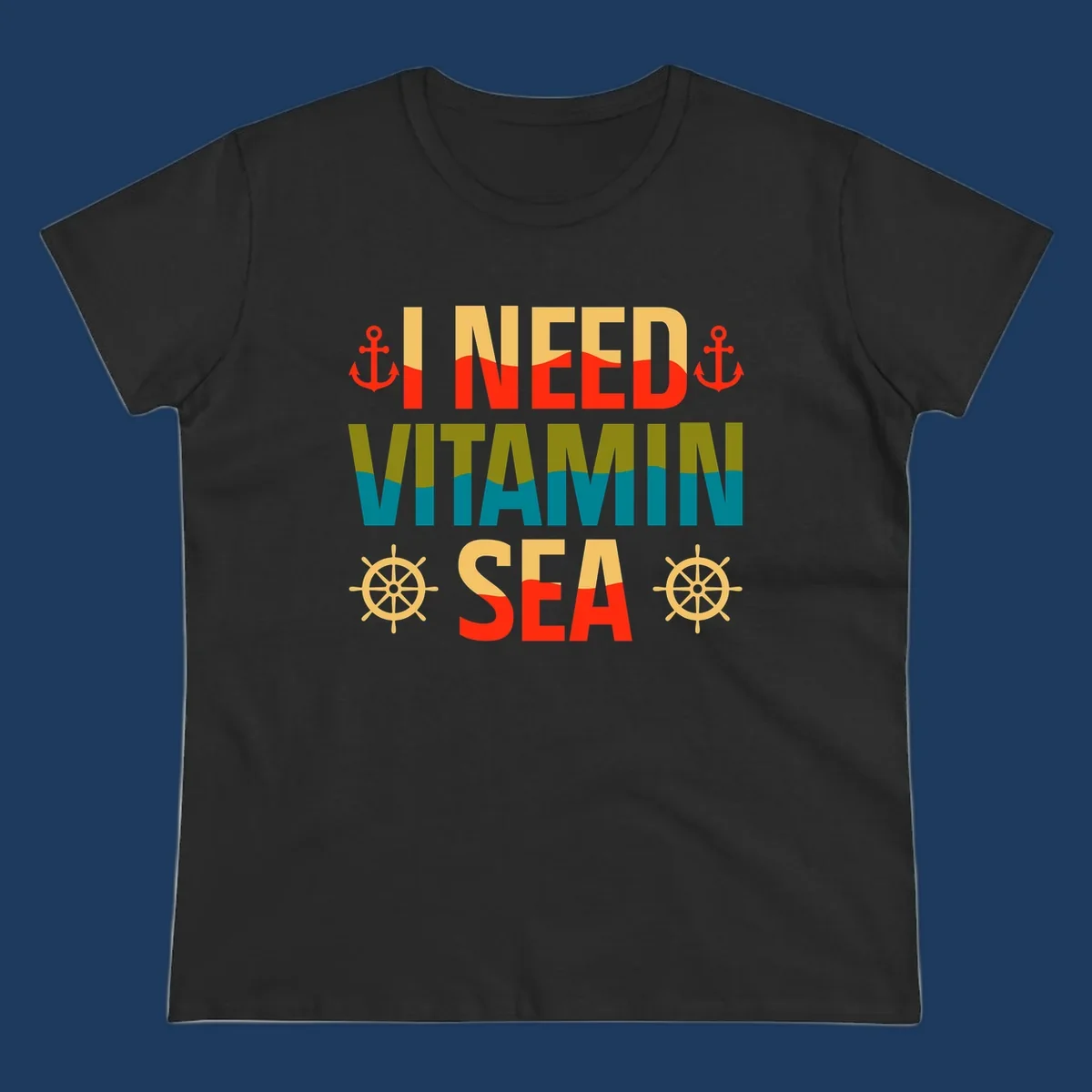 Colorful nautical design with anchors, ship wheels, and text reading 'I NEED VITAMIN SEA' for cruise lovers