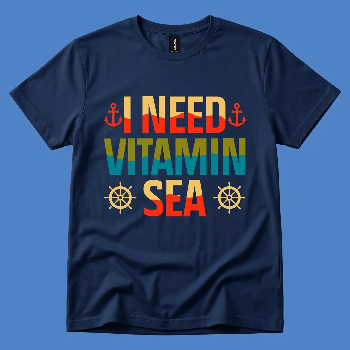 Colorful nautical design with anchors, ship wheels, and text reading 'I NEED VITAMIN SEA' for cruise lovers