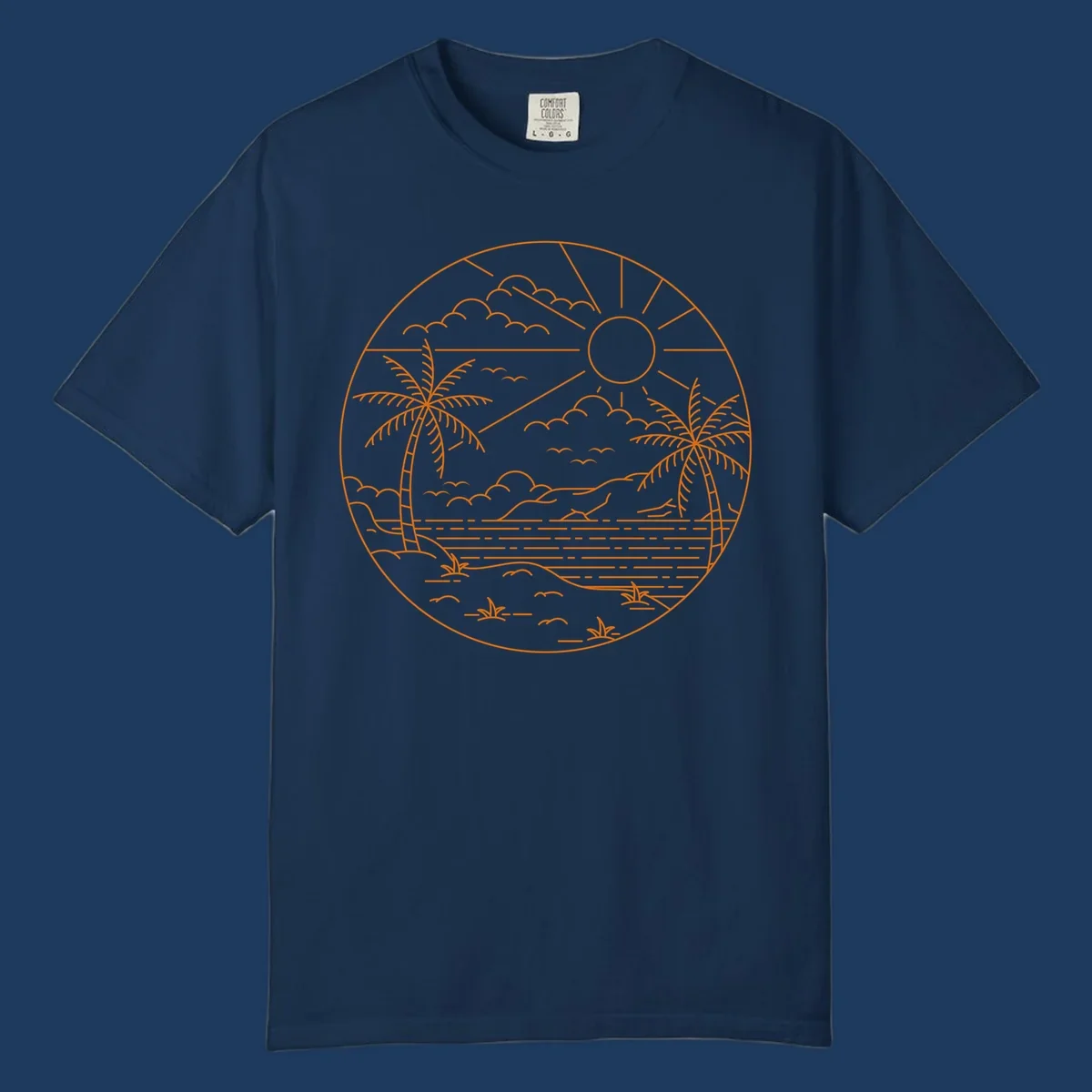 Tropical paradise cruise scene with palm trees, sun, clouds, and ocean waves in a circular line art design