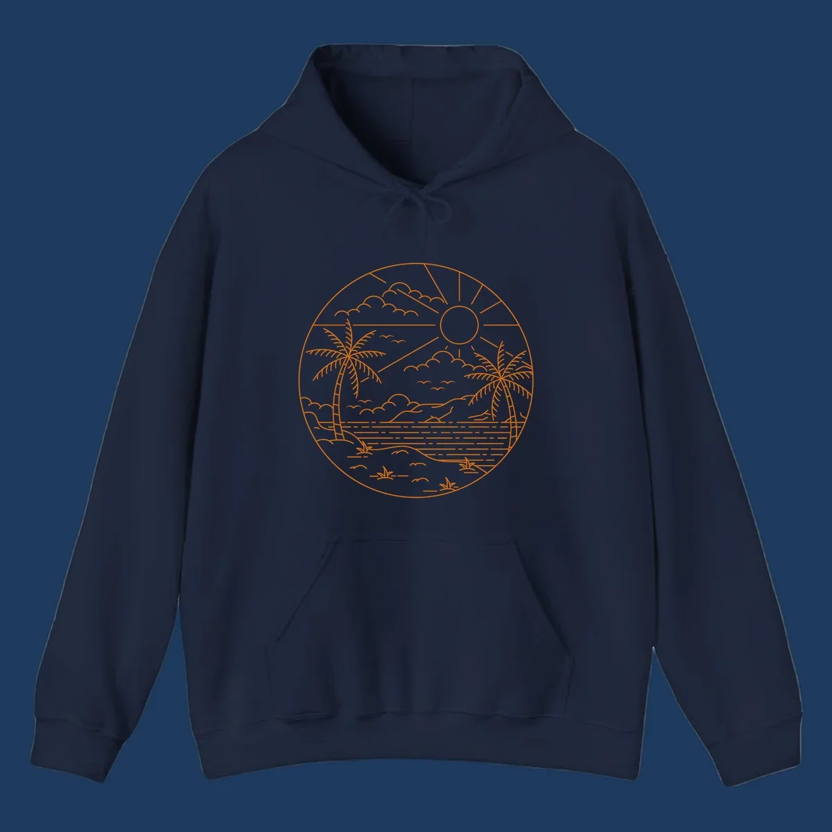 Tropical paradise cruise scene with palm trees, sun, clouds, and ocean waves in a circular line art design