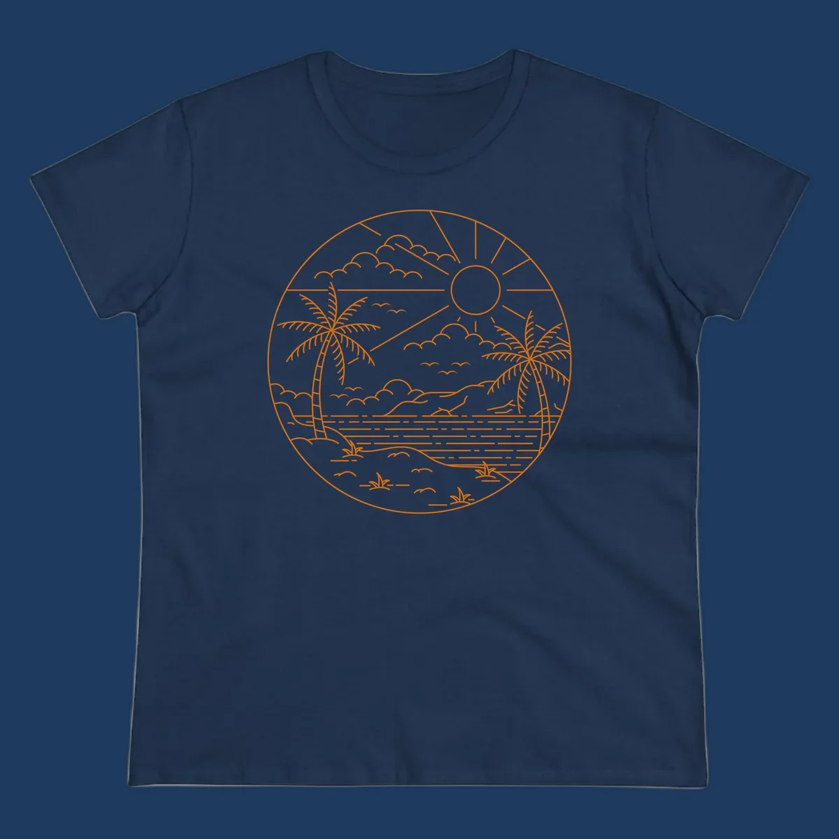 Tropical paradise cruise scene with palm trees, sun, clouds, and ocean waves in a circular line art design