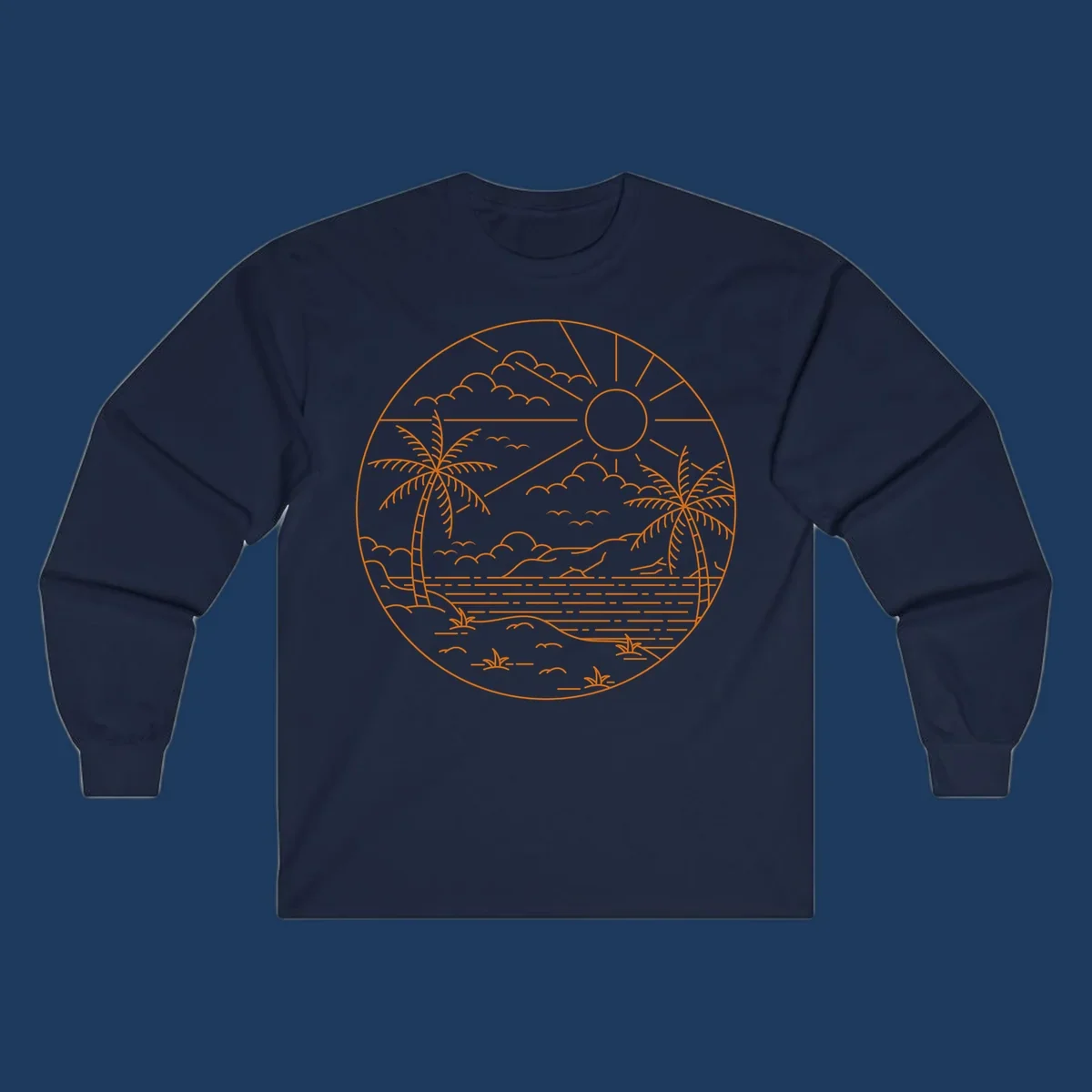 Tropical paradise cruise scene with palm trees, sun, clouds, and ocean waves in a circular line art design