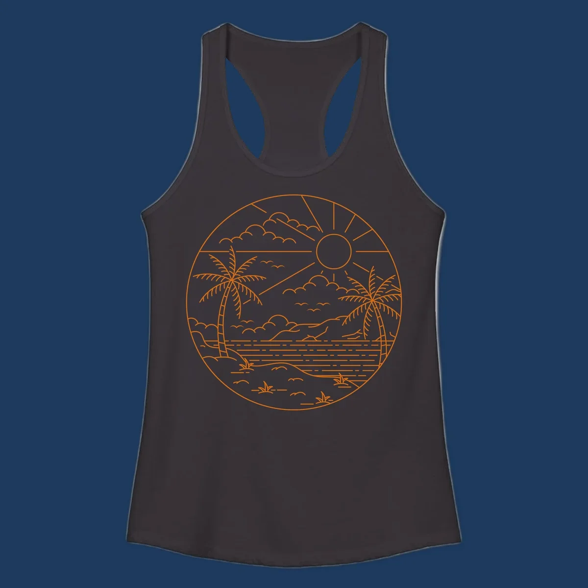 Tropical paradise cruise scene with palm trees, sun, clouds, and ocean waves in a circular line art design