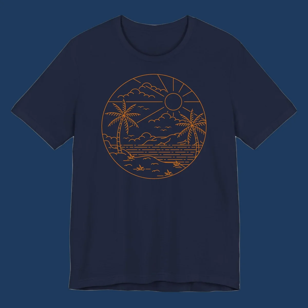 Tropical paradise cruise scene with palm trees, sun, clouds, and ocean waves in a circular line art design