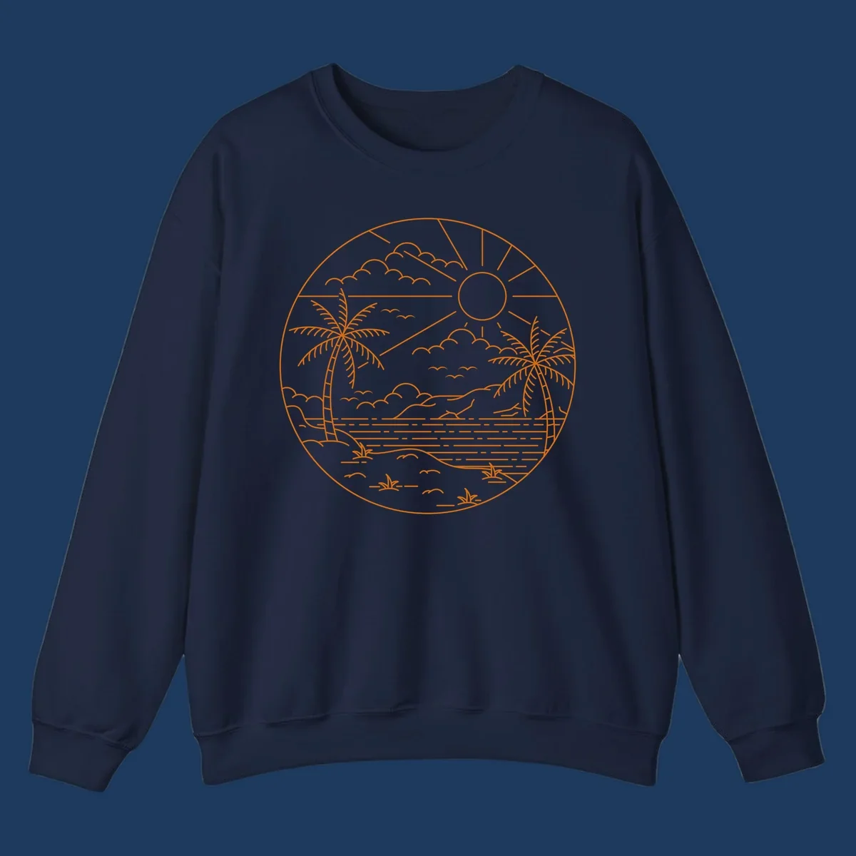 Tropical paradise cruise scene with palm trees, sun, clouds, and ocean waves in a circular line art design