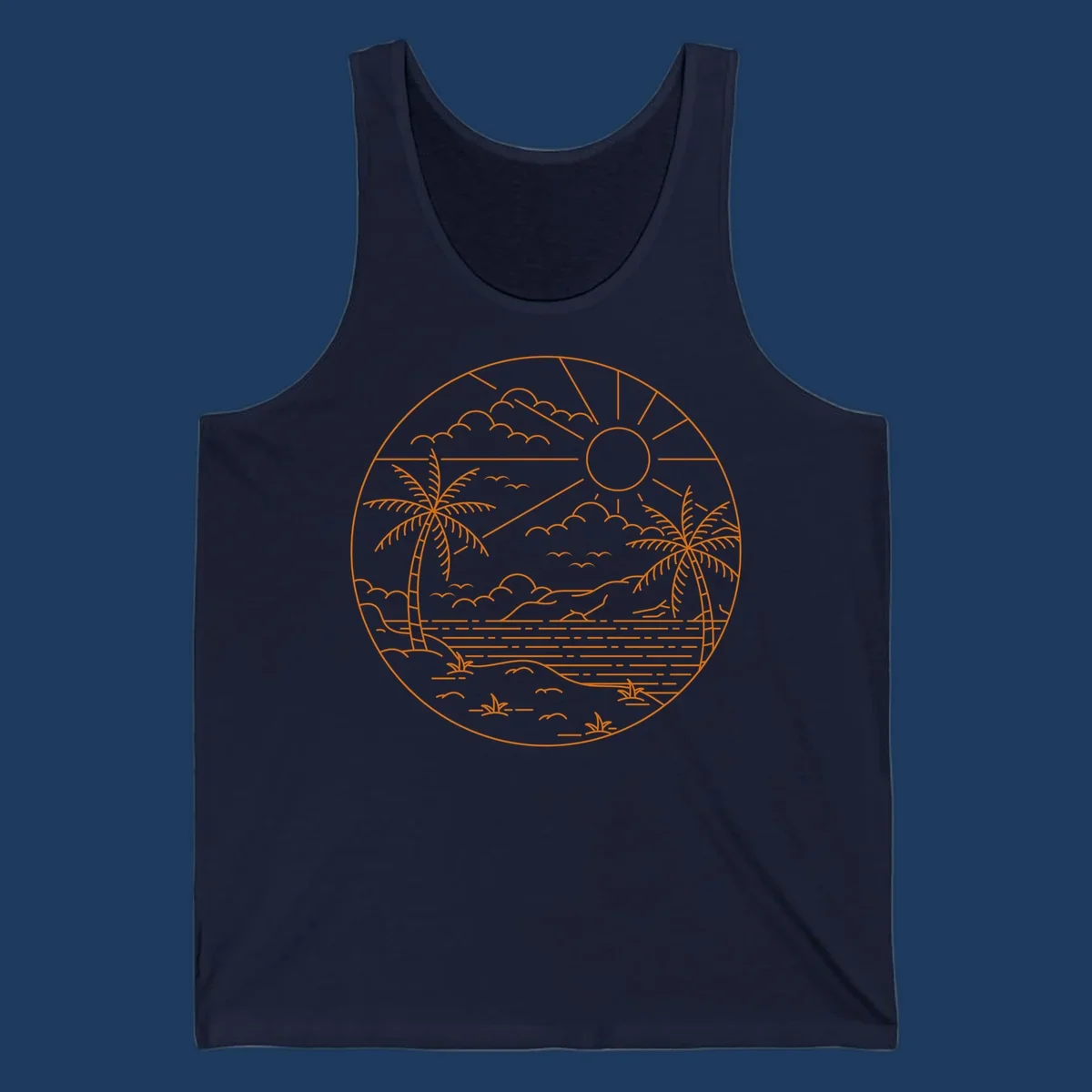 Tropical paradise cruise scene with palm trees, sun, clouds, and ocean waves in a circular line art design