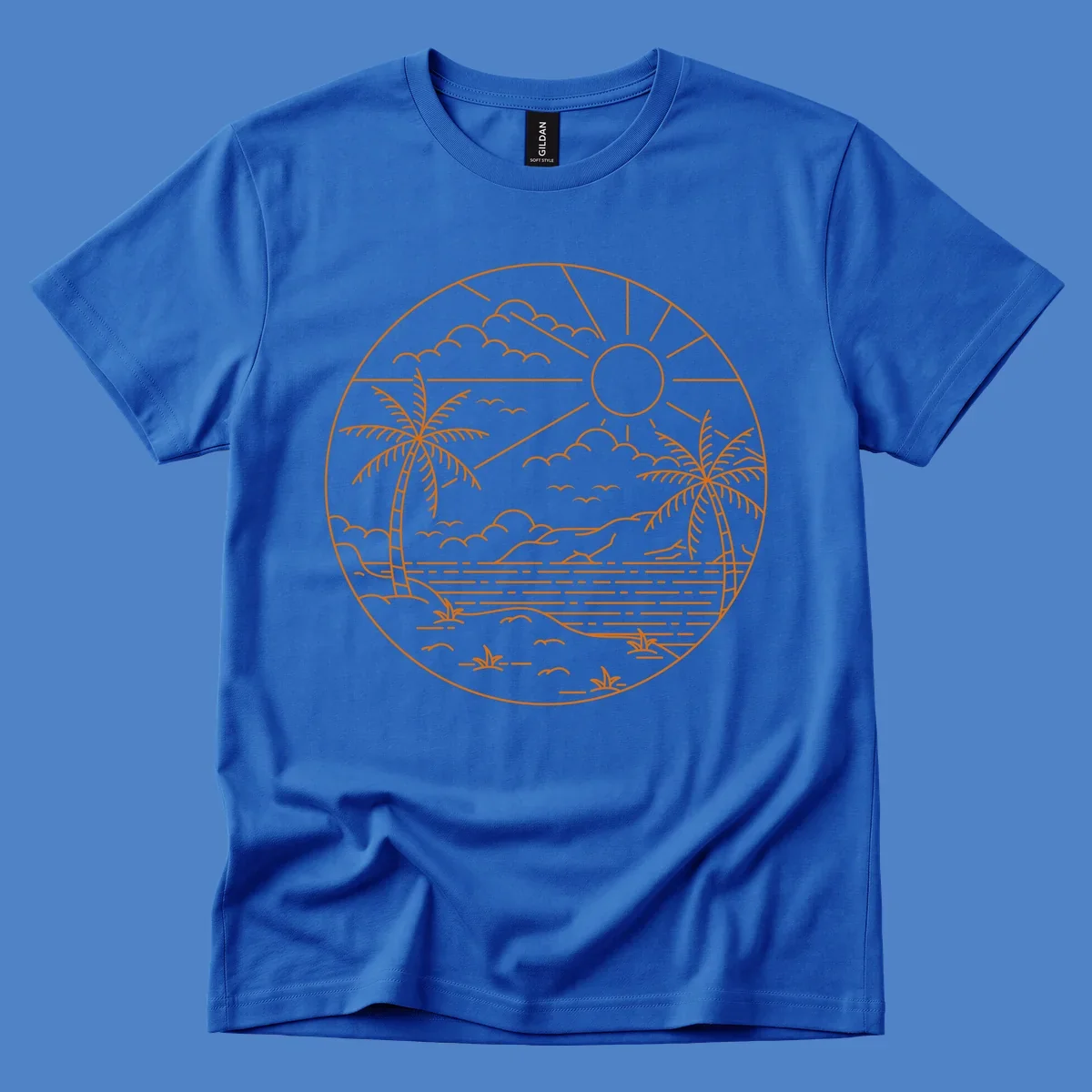 Tropical paradise cruise scene with palm trees, sun, clouds, and ocean waves in a circular line art design
