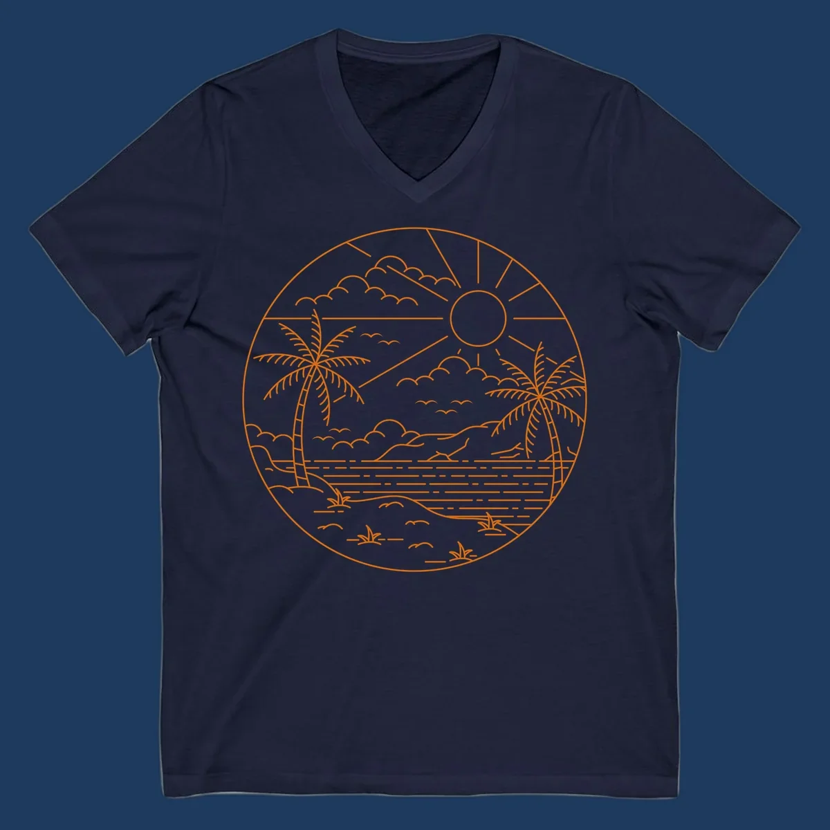 Tropical paradise cruise scene with palm trees, sun, clouds, and ocean waves in a circular line art design