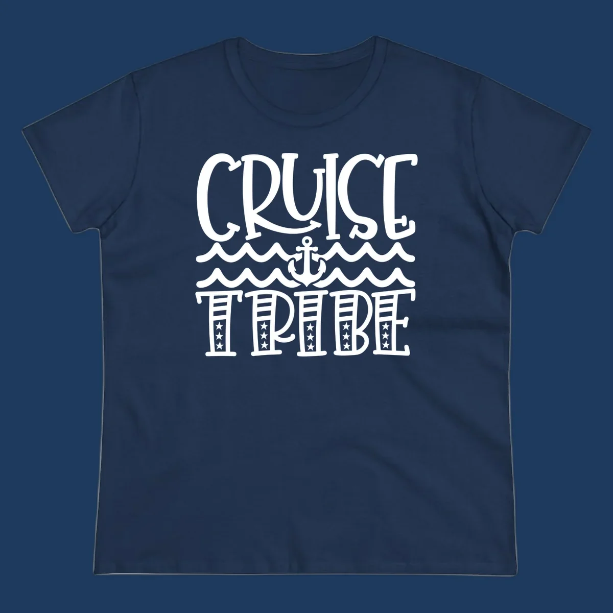 Cruise tribe anchor waves design with decorative lettering and centered anchor between wavy lines