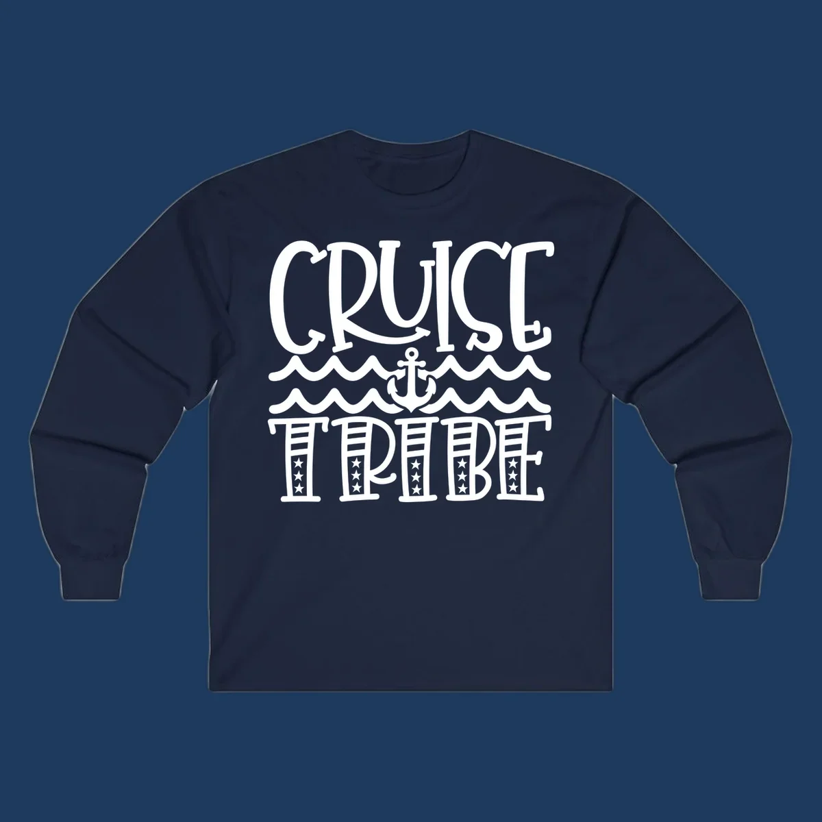 Cruise tribe anchor waves design with decorative lettering and centered anchor between wavy lines