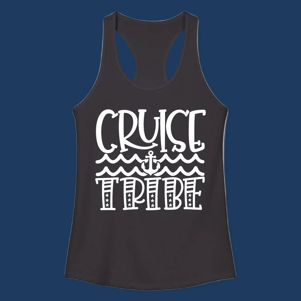 Cruise tribe anchor waves design with decorative lettering and centered anchor between wavy lines