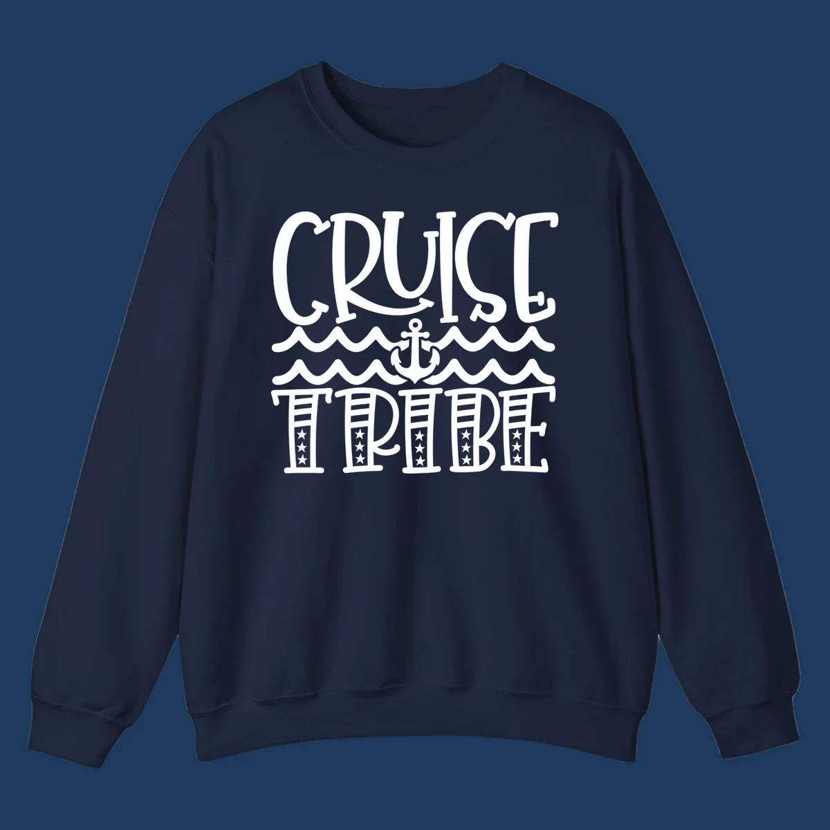 Cruise tribe anchor waves design with decorative lettering and centered anchor between wavy lines