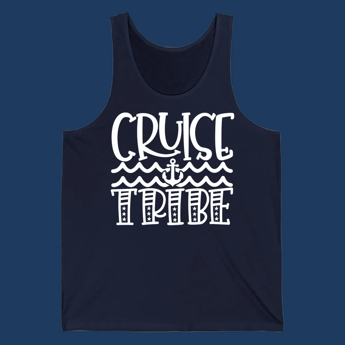 Cruise tribe anchor waves design with decorative lettering and centered anchor between wavy lines