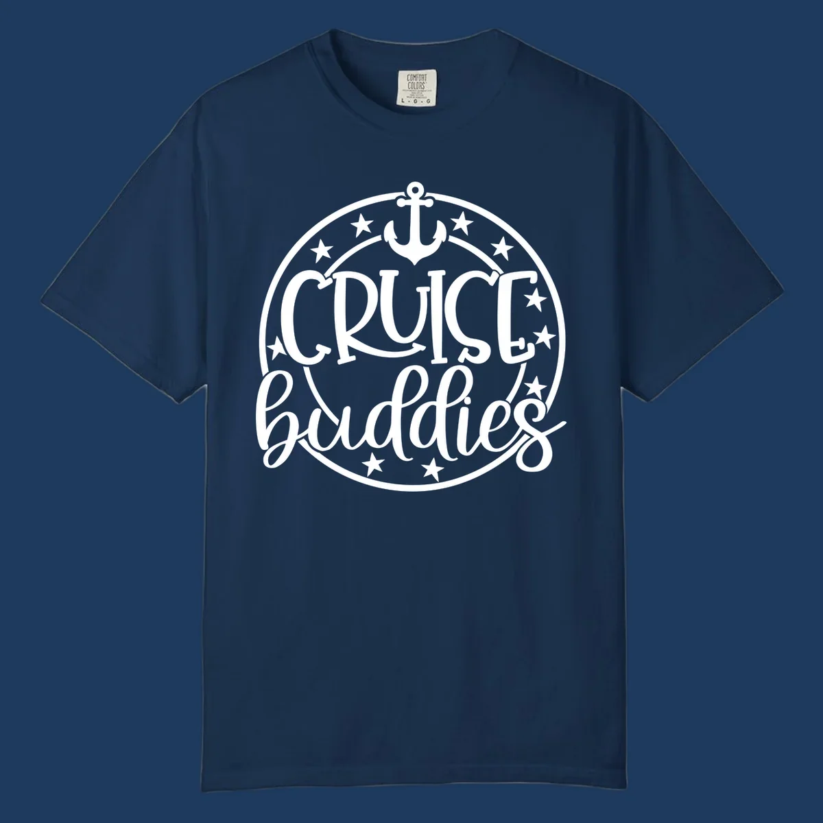 Cruise buddies anchor badge design with nautical emblem, anchor symbol, and stars in circular seal