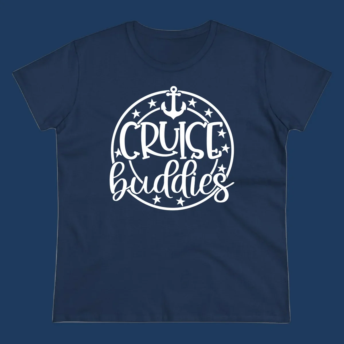 Cruise buddies anchor badge design with nautical emblem, anchor symbol, and stars in circular seal