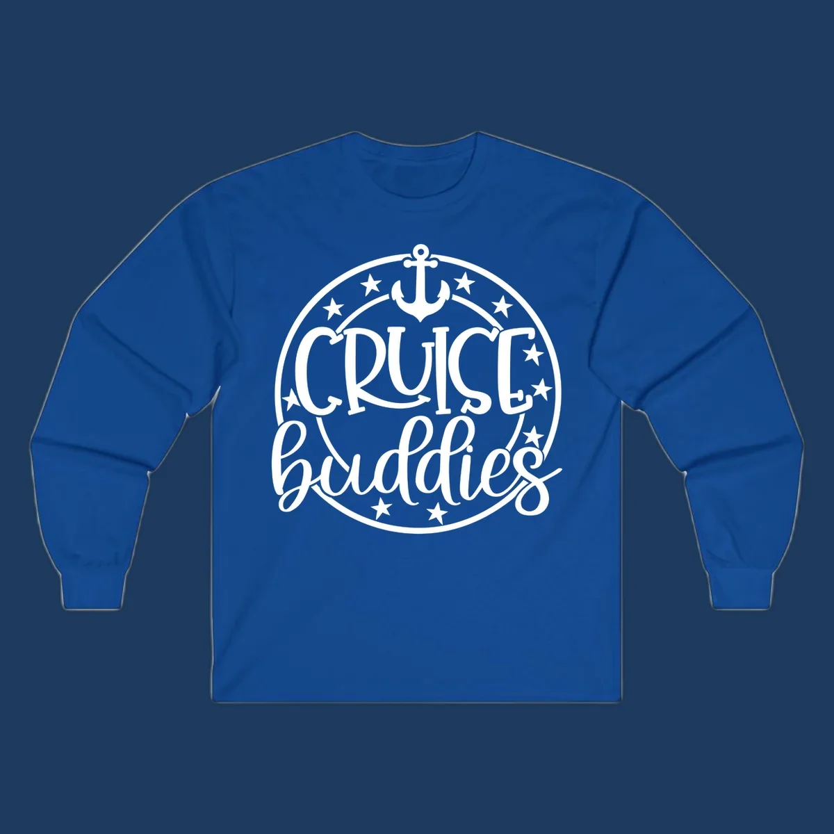 Cruise buddies anchor badge design with nautical emblem, anchor symbol, and stars in circular seal