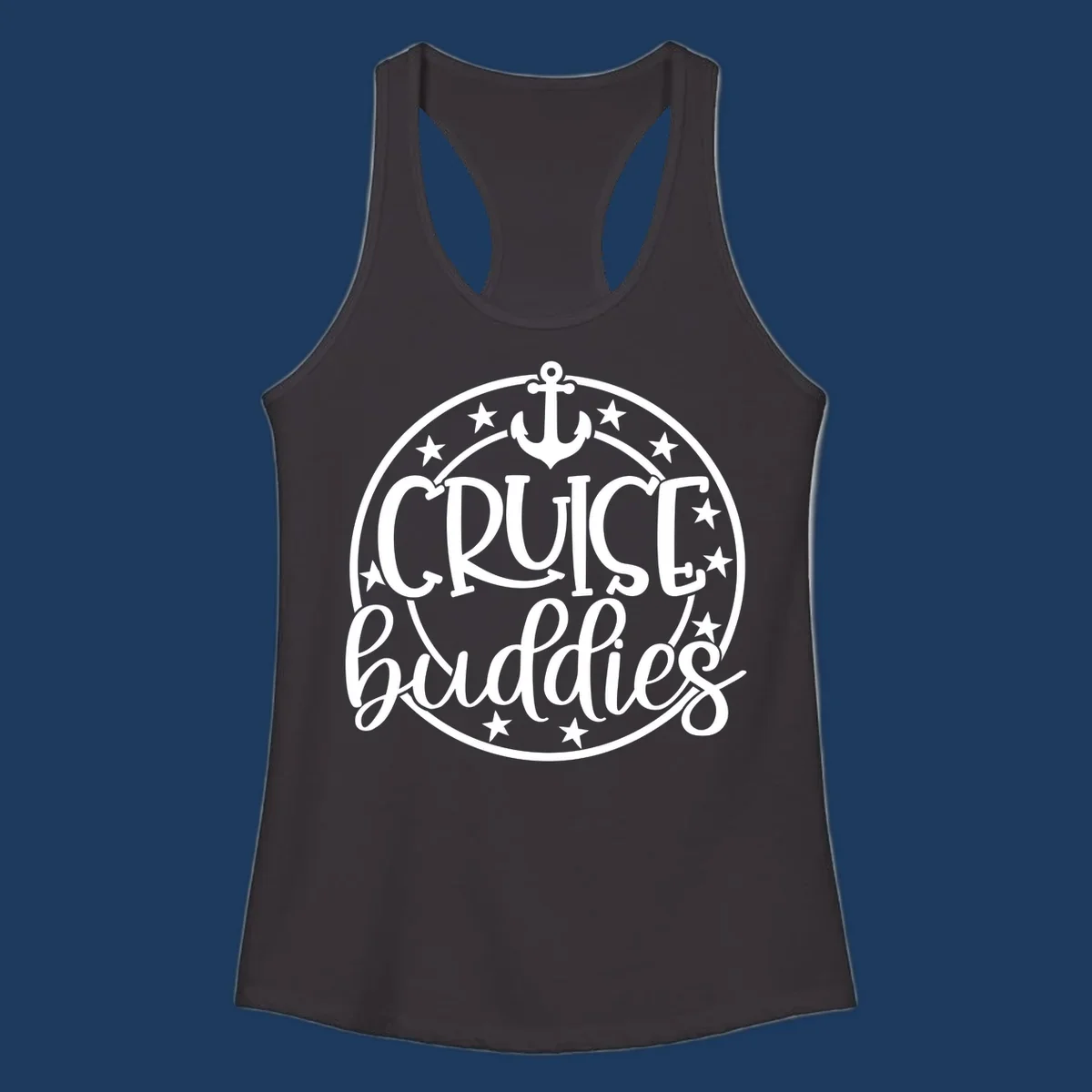 Cruise buddies anchor badge design with nautical emblem, anchor symbol, and stars in circular seal