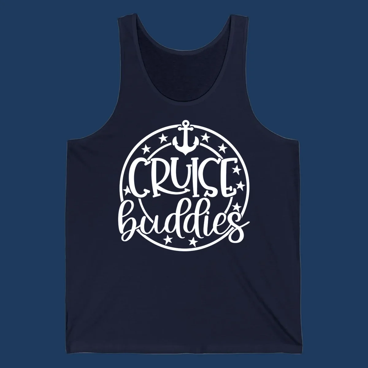 Cruise buddies anchor badge design with nautical emblem, anchor symbol, and stars in circular seal