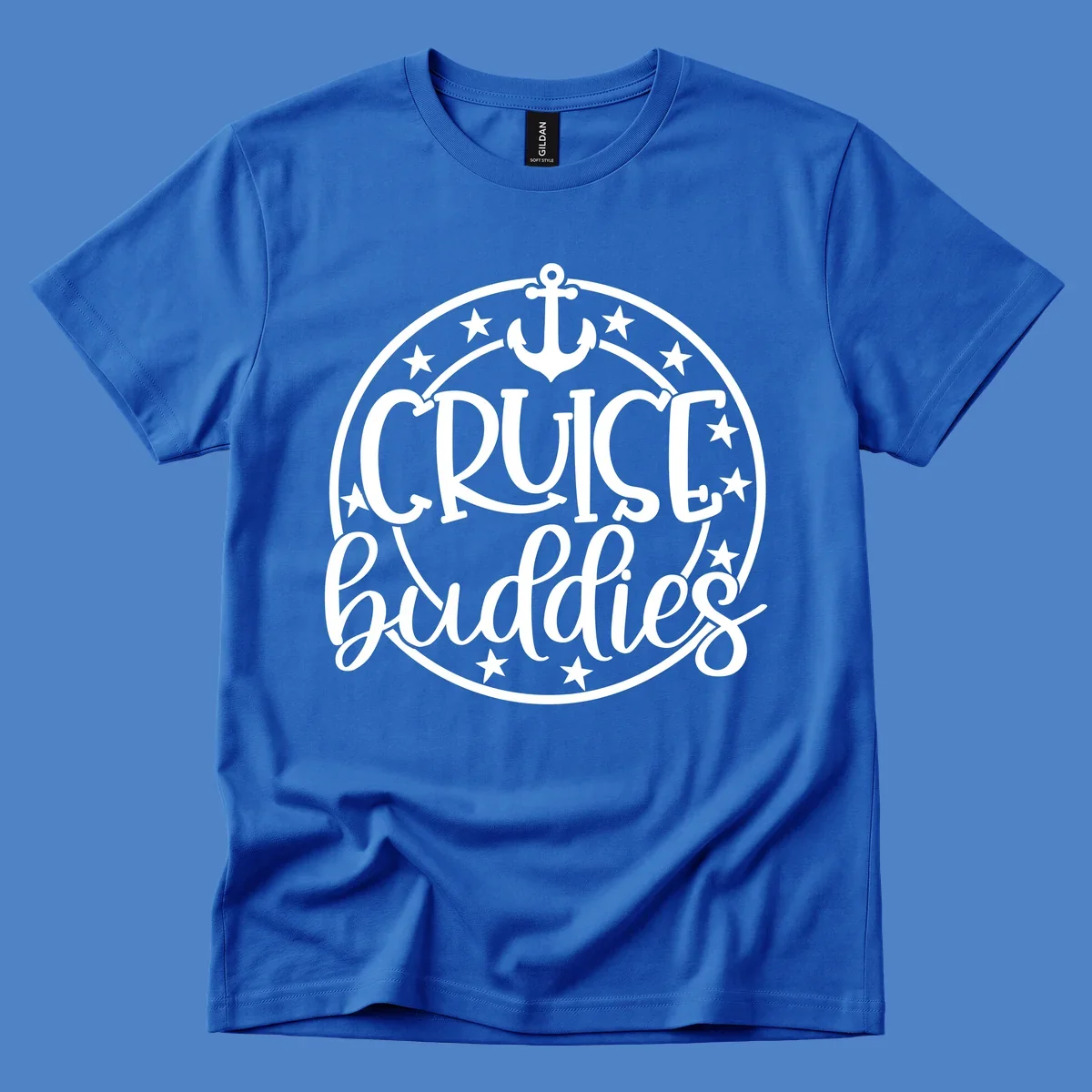 Cruise buddies anchor badge design with nautical emblem, anchor symbol, and stars in circular seal