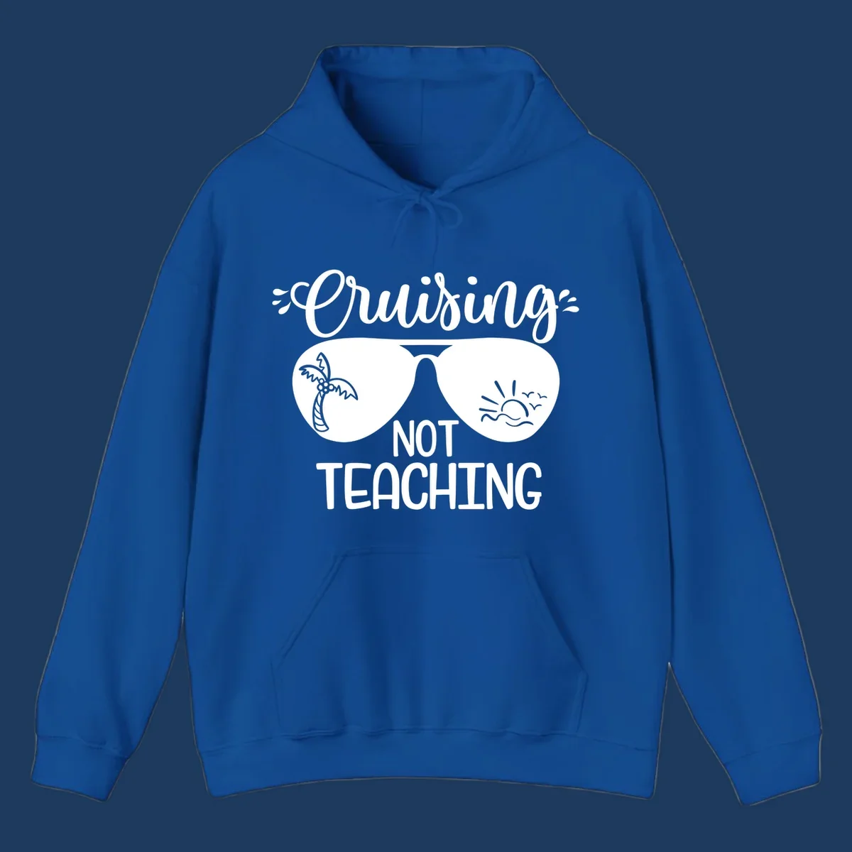 Sunglasses with palm tree and sunrise designs, text reads 'Cruising Not Teaching' - cruising-not-teaching themed graphic