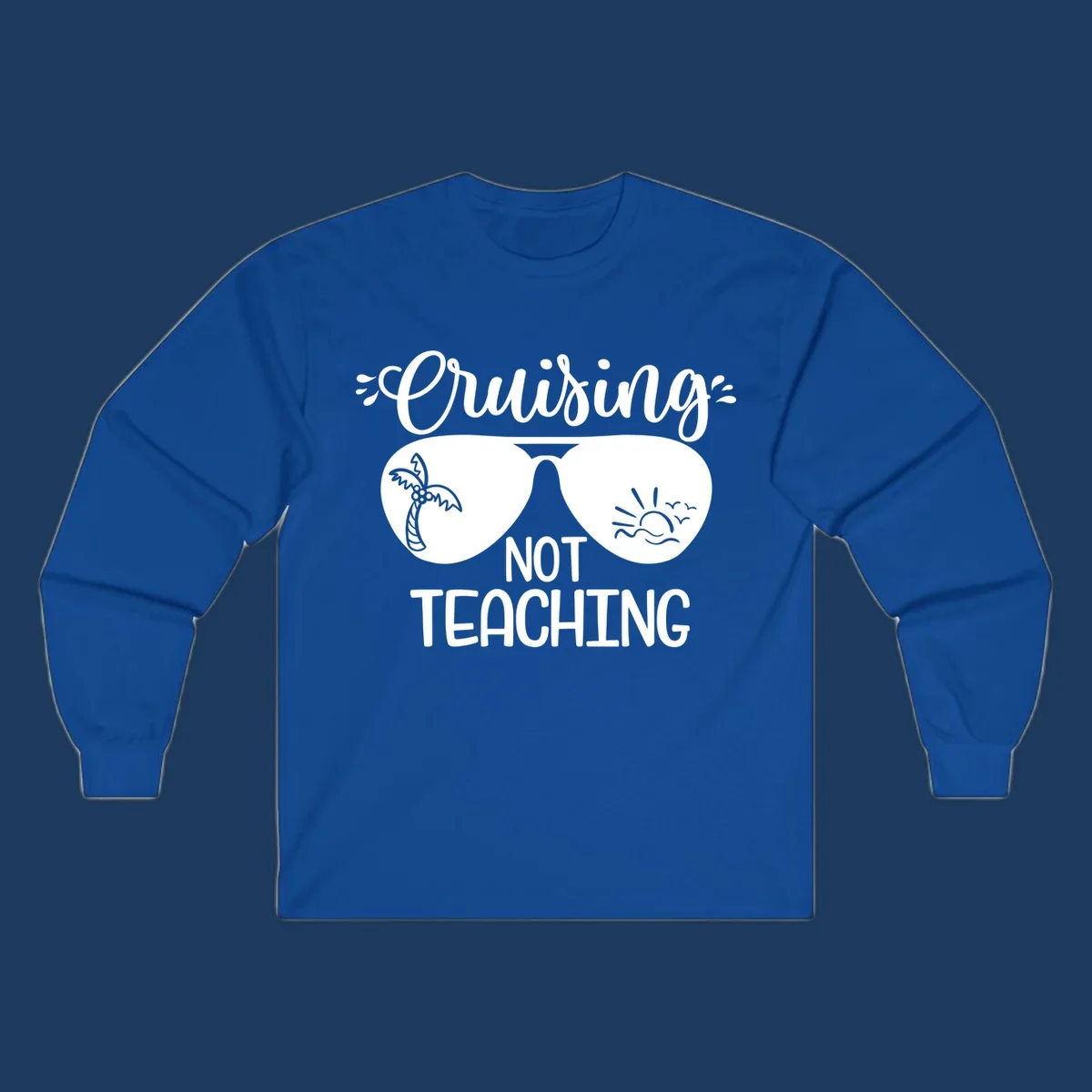 Sunglasses with palm tree and sunrise designs, text reads 'Cruising Not Teaching' - cruising-not-teaching themed graphic