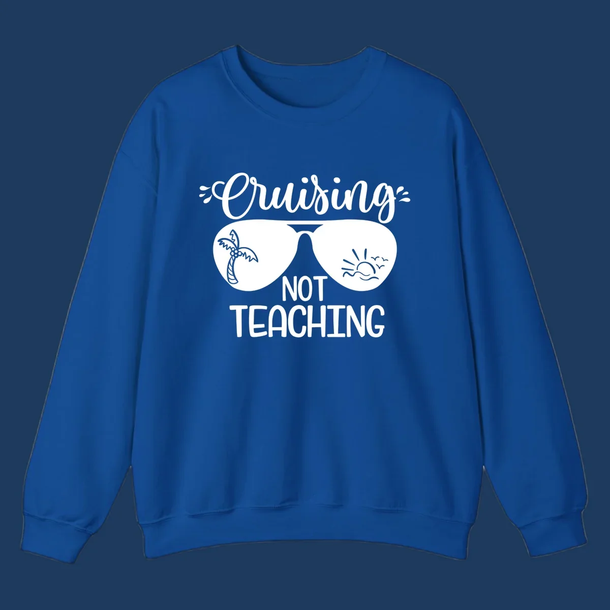 Sunglasses with palm tree and sunrise designs, text reads 'Cruising Not Teaching' - cruising-not-teaching themed graphic