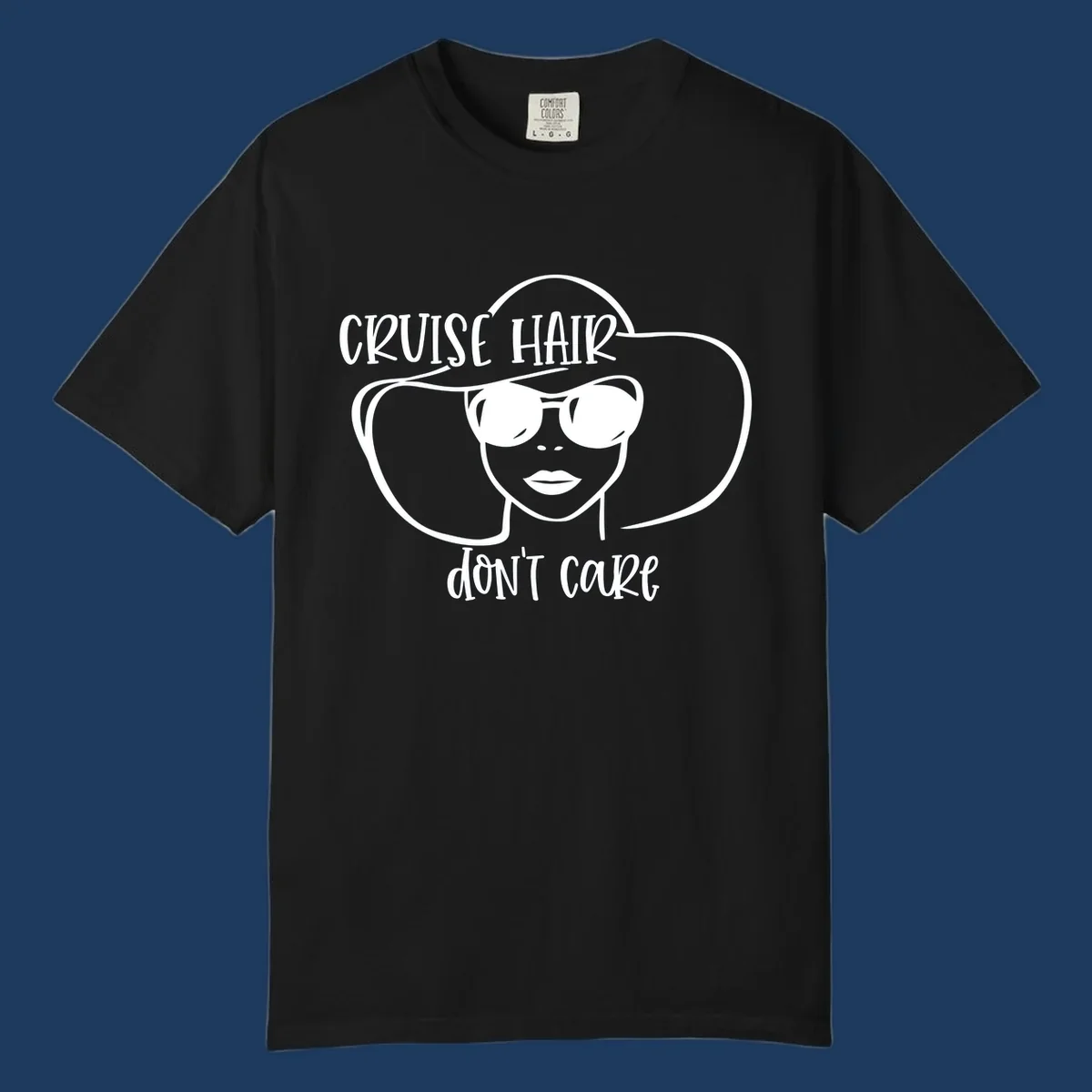 Illustrated woman with sunglasses and wide sun hat, text reads 'cruise hair don't care' - minimalist line art design