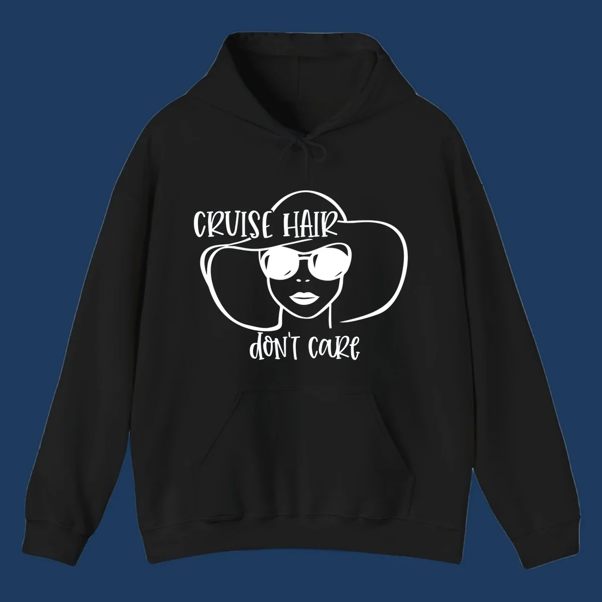 Illustrated woman with sunglasses and wide sun hat, text reads 'cruise hair don't care' - minimalist line art design