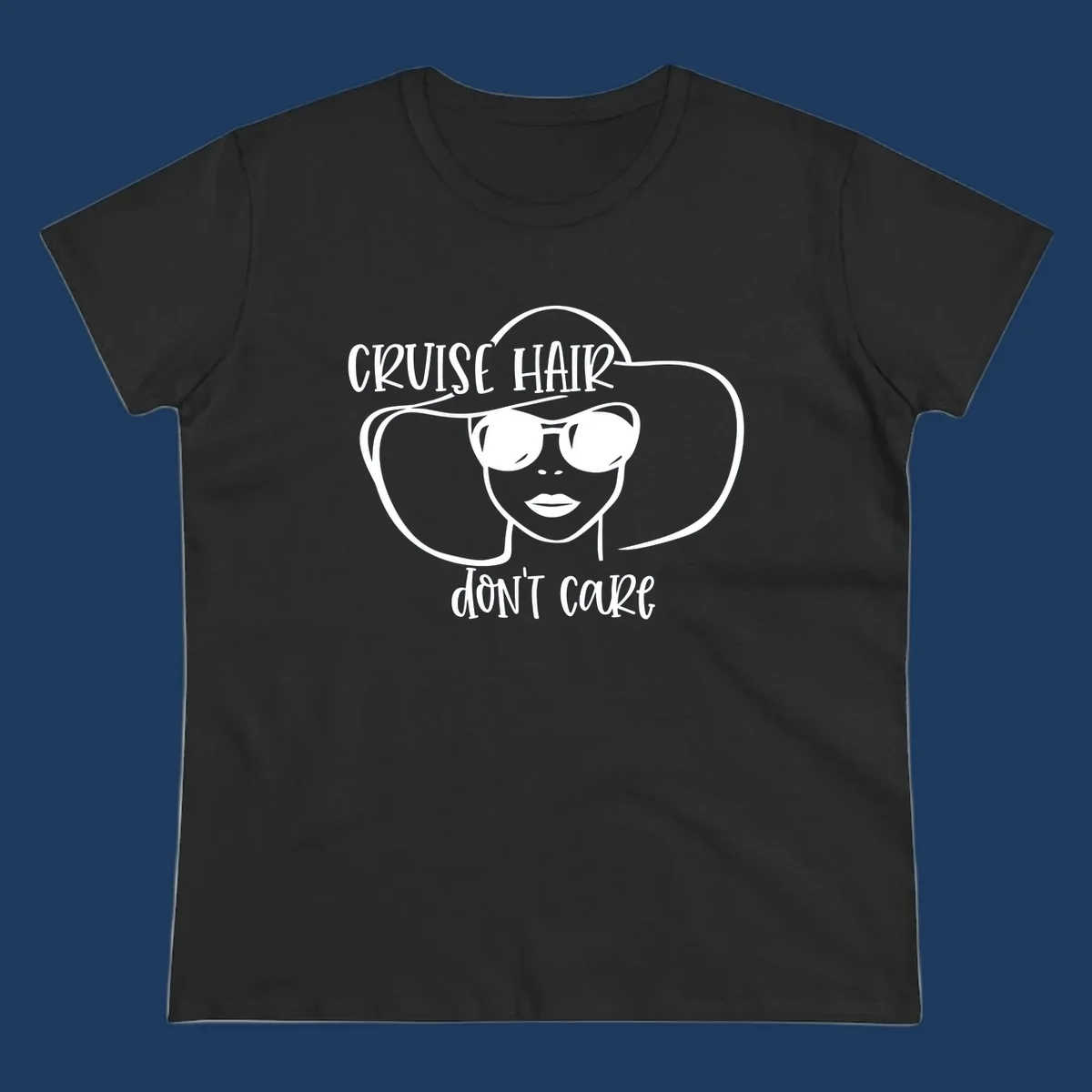 Illustrated woman with sunglasses and wide sun hat, text reads 'cruise hair don't care' - minimalist line art design