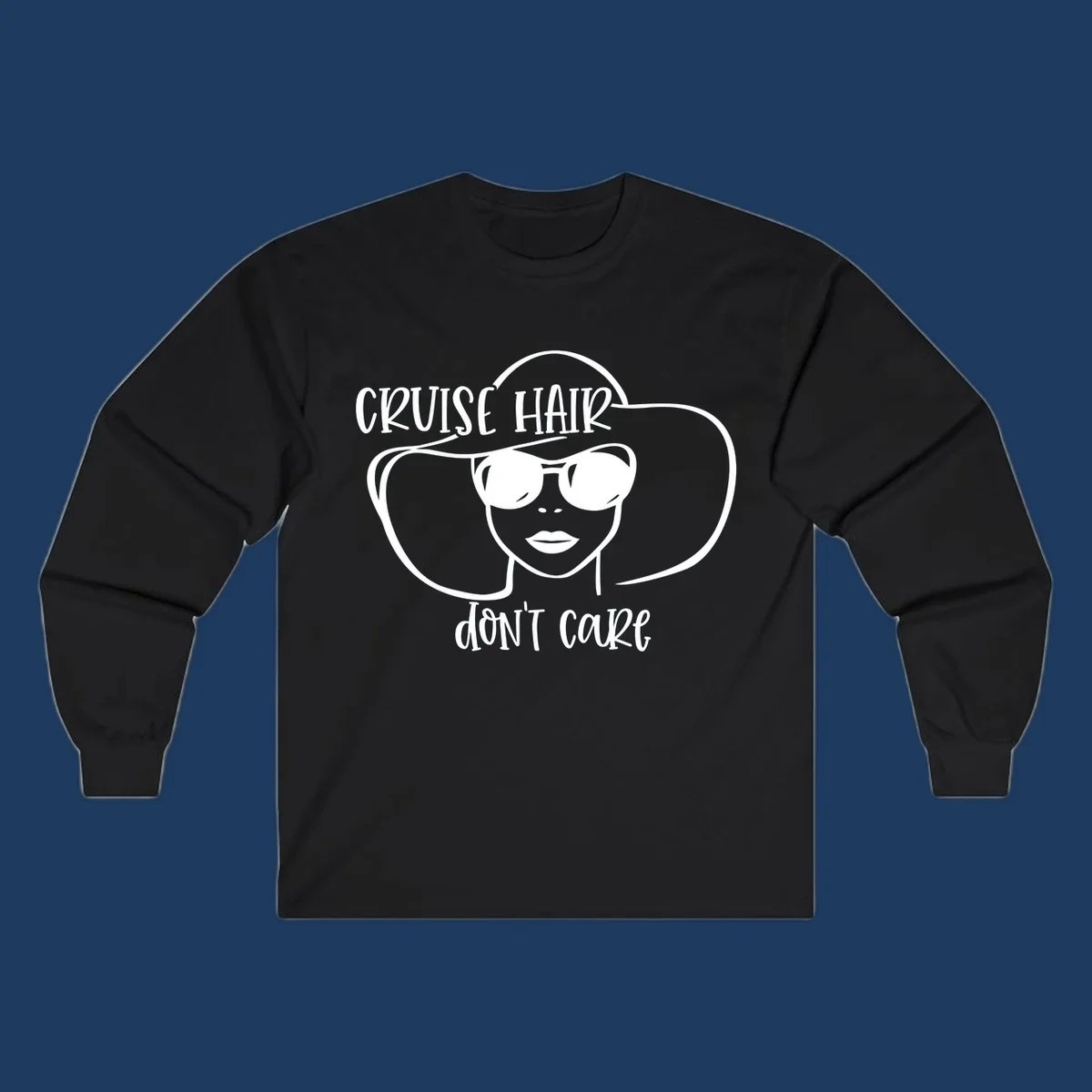 Illustrated woman with sunglasses and wide sun hat, text reads 'cruise hair don't care' - minimalist line art design