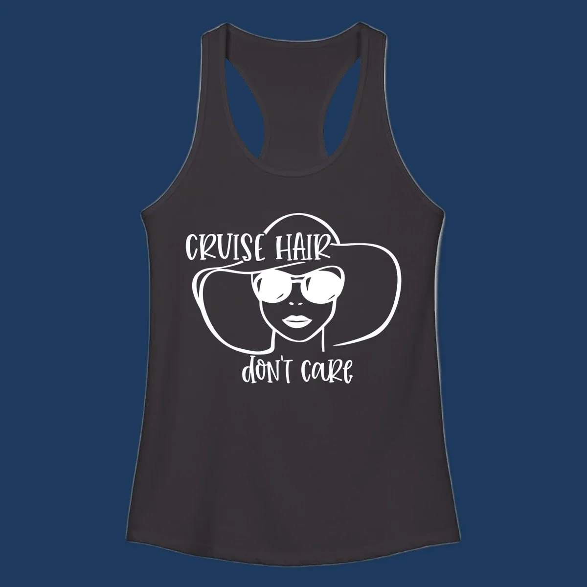 Illustrated woman with sunglasses and wide sun hat, text reads 'cruise hair don't care' - minimalist line art design