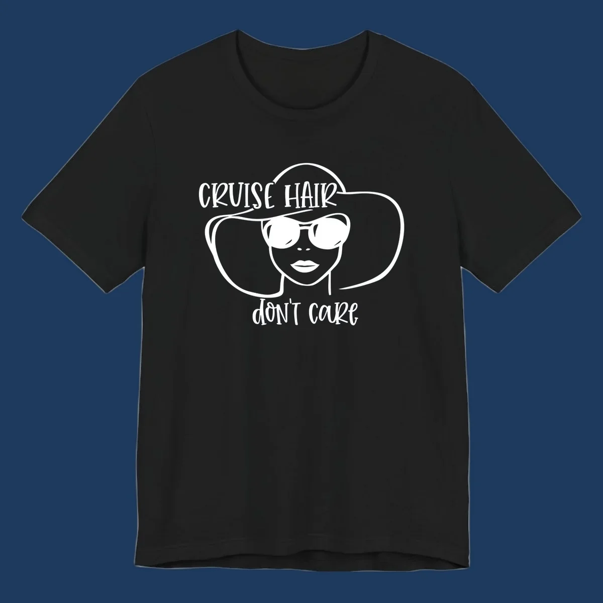 Illustrated woman with sunglasses and wide sun hat, text reads 'cruise hair don't care' - minimalist line art design