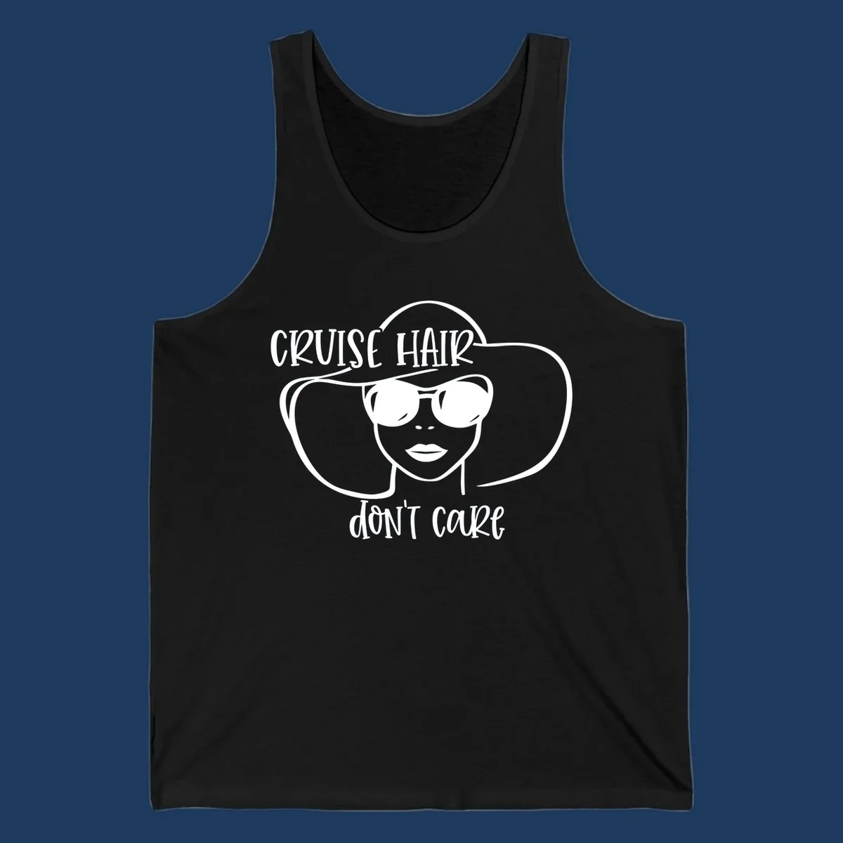 Illustrated woman with sunglasses and wide sun hat, text reads 'cruise hair don't care' - minimalist line art design