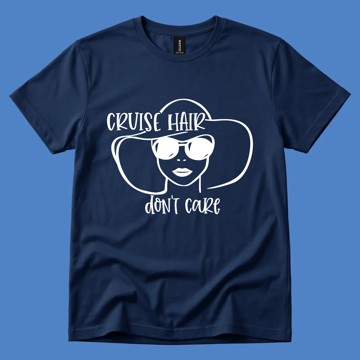 Illustrated woman with sunglasses and wide sun hat, text reads 'cruise hair don't care' - minimalist line art design