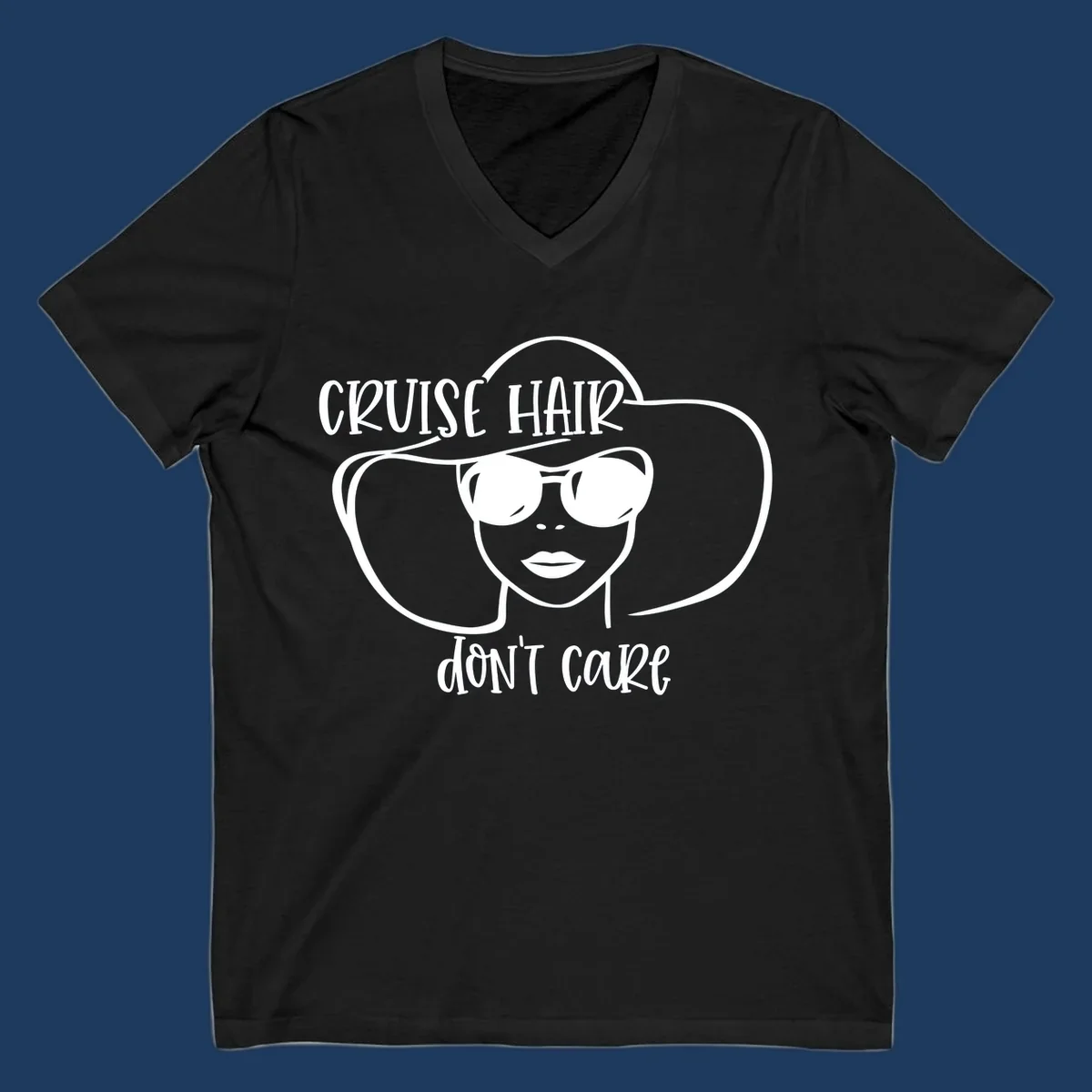 Illustrated woman with sunglasses and wide sun hat, text reads 'cruise hair don't care' - minimalist line art design