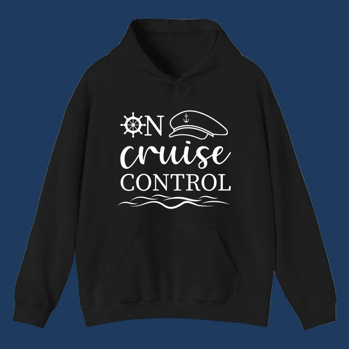 Nautical design with ship's wheel, captain's hat, and ocean waves surrounding the text 'ON CRUISE CONTROL' in white on gray background.