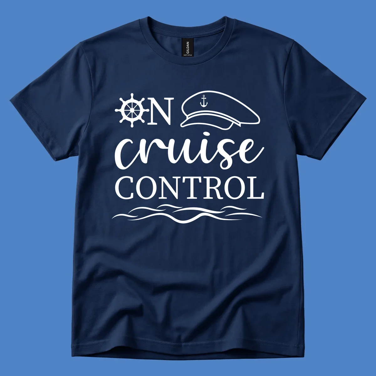 Nautical design with ship's wheel, captain's hat, and ocean waves surrounding the text 'ON CRUISE CONTROL' in white on gray background.