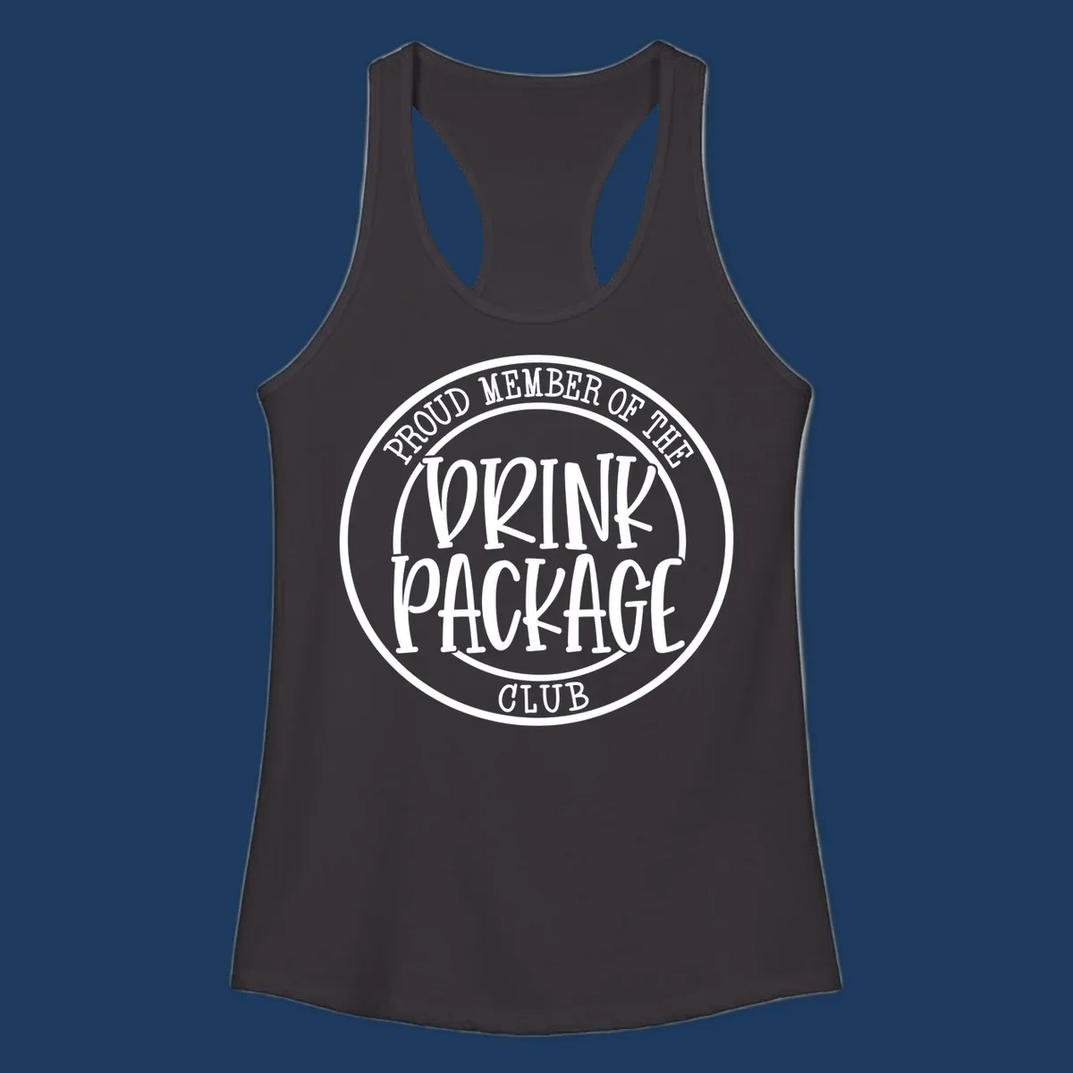 Circular badge design reading 'Proud Member of the Drink Package Club' in white text on gray background