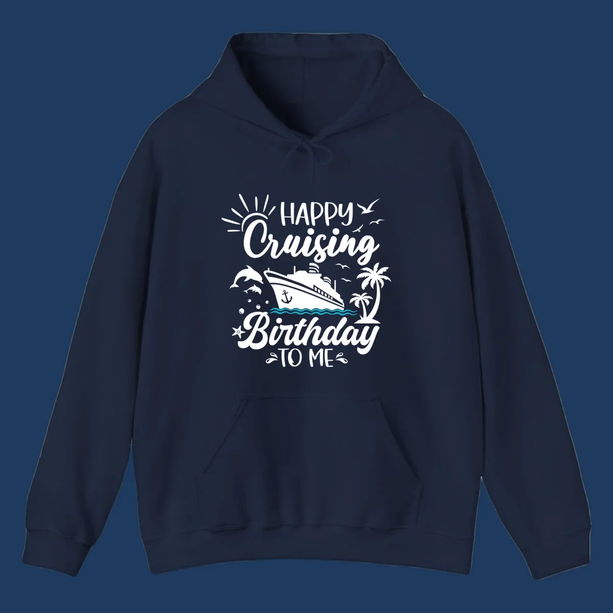 Birthday cruise design with ship, dolphins, palm trees, and 'Happy Cruising Birthday TO ME' text on gray background