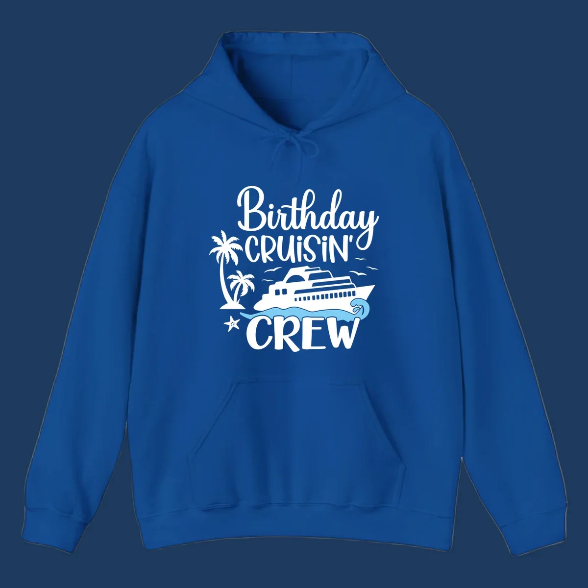 Birthday Cruisin' Crew design with cruise ship, palm trees, ocean wave, and tropical elements on gray background