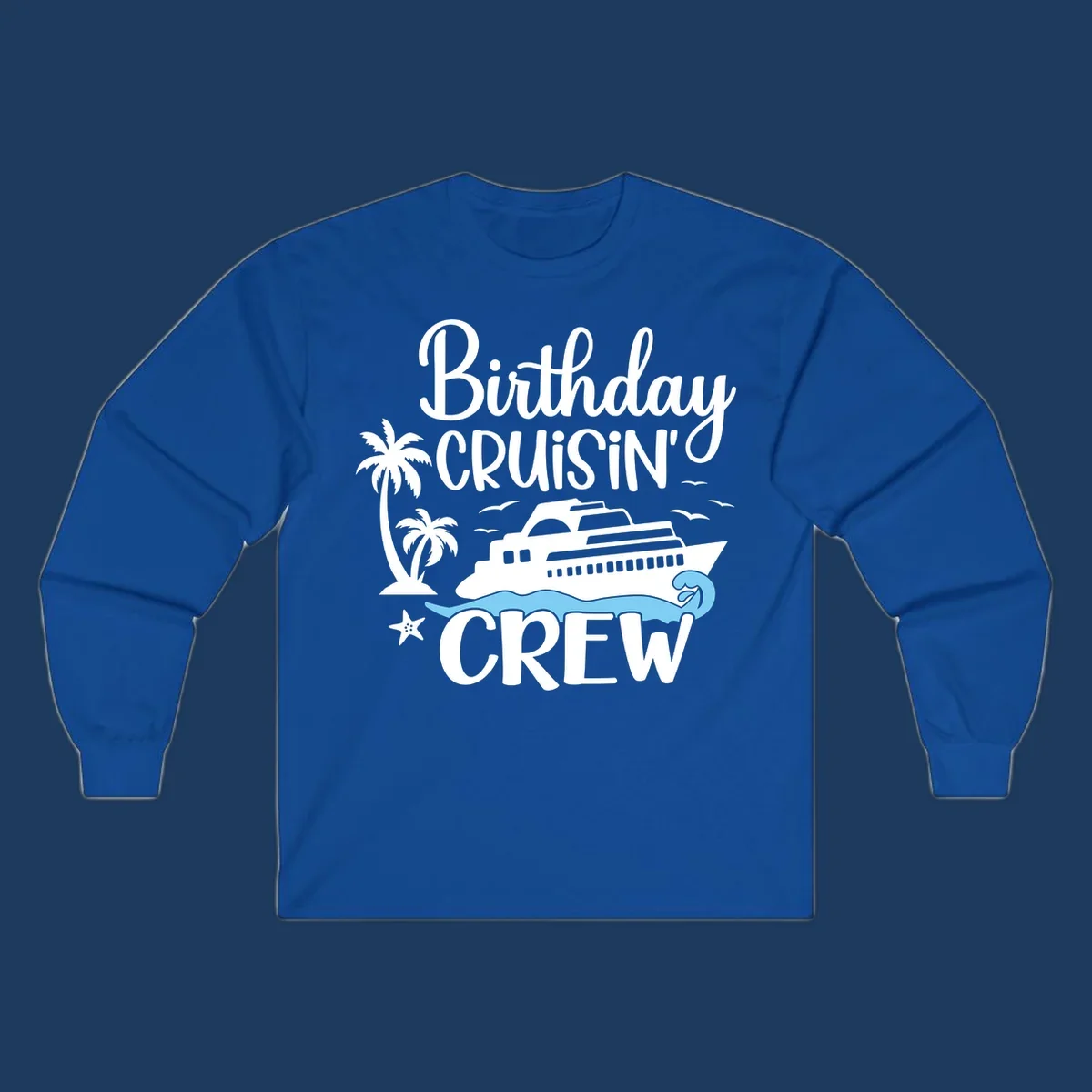 Birthday Cruisin' Crew design with cruise ship, palm trees, ocean wave, and tropical elements on gray background