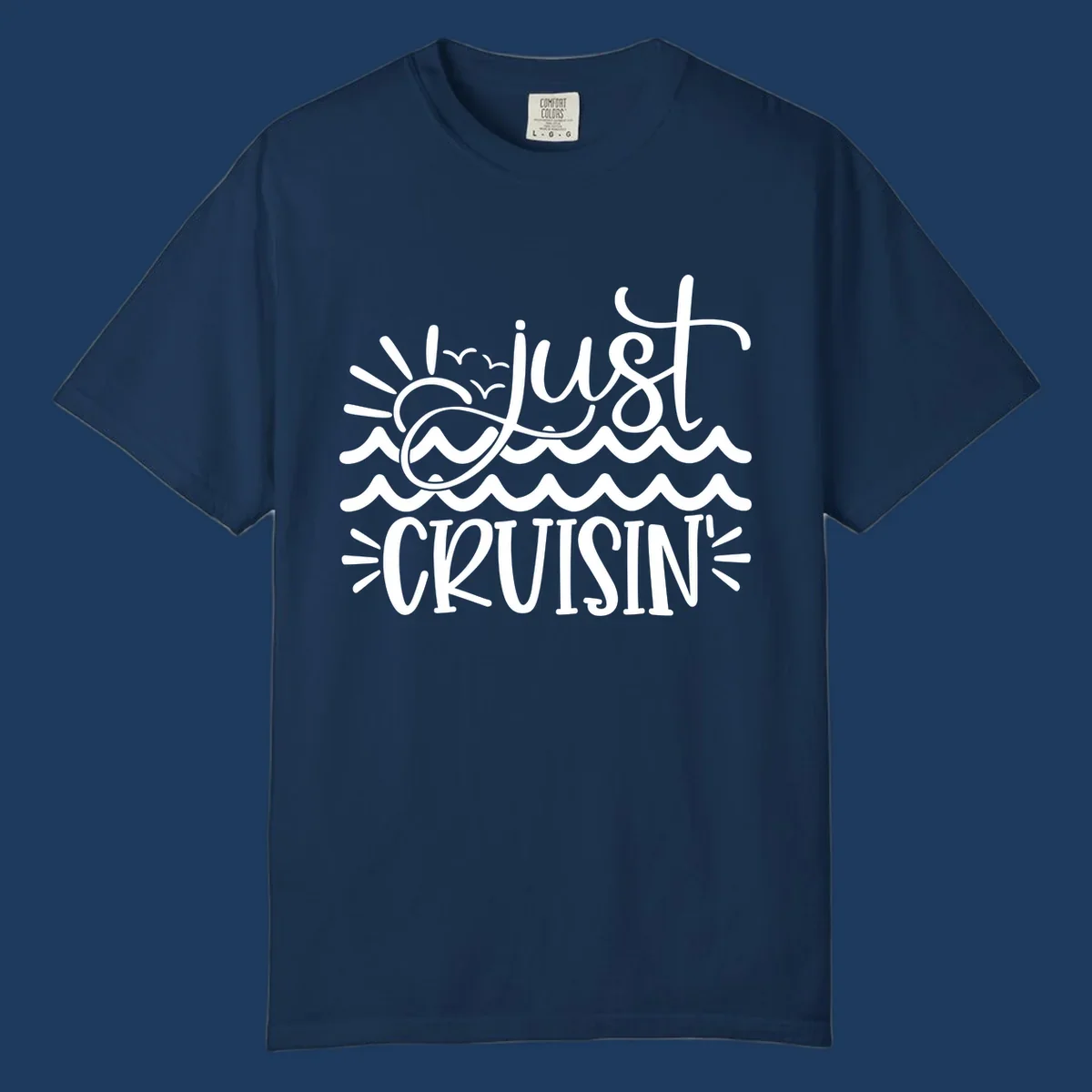 White line-art illustration of sun and ocean waves with 'just CRUISIN'' text on gray background