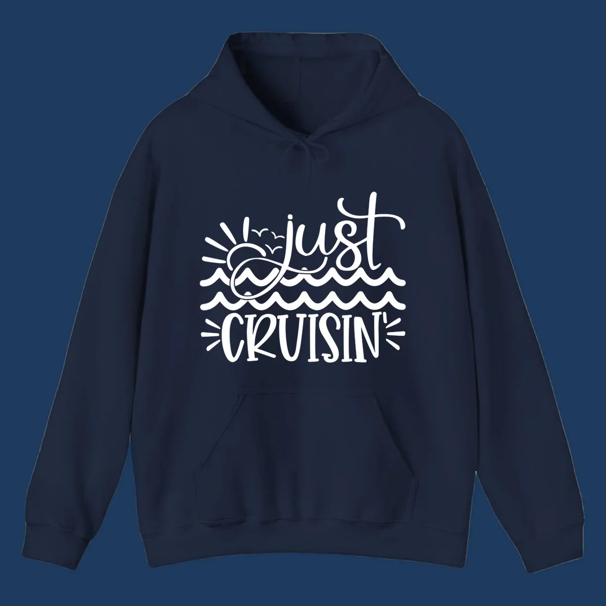 White line-art illustration of sun and ocean waves with 'just CRUISIN'' text on gray background