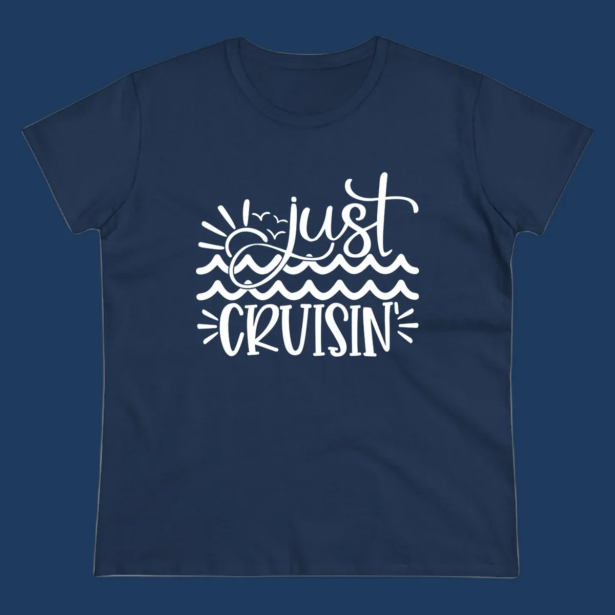 White line-art illustration of sun and ocean waves with 'just CRUISIN'' text on gray background